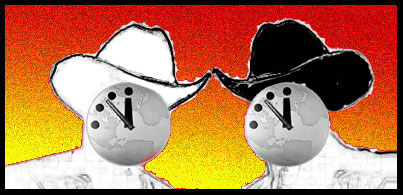 Drawing of two heads, side-by-side.  One wears a white cowboy hat, the other a black one.  They both have Doomsday clocks for faces.